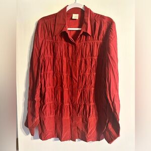 100% Silk Vintage DBLife Red Pleated Button-Up Secretary Blouse
